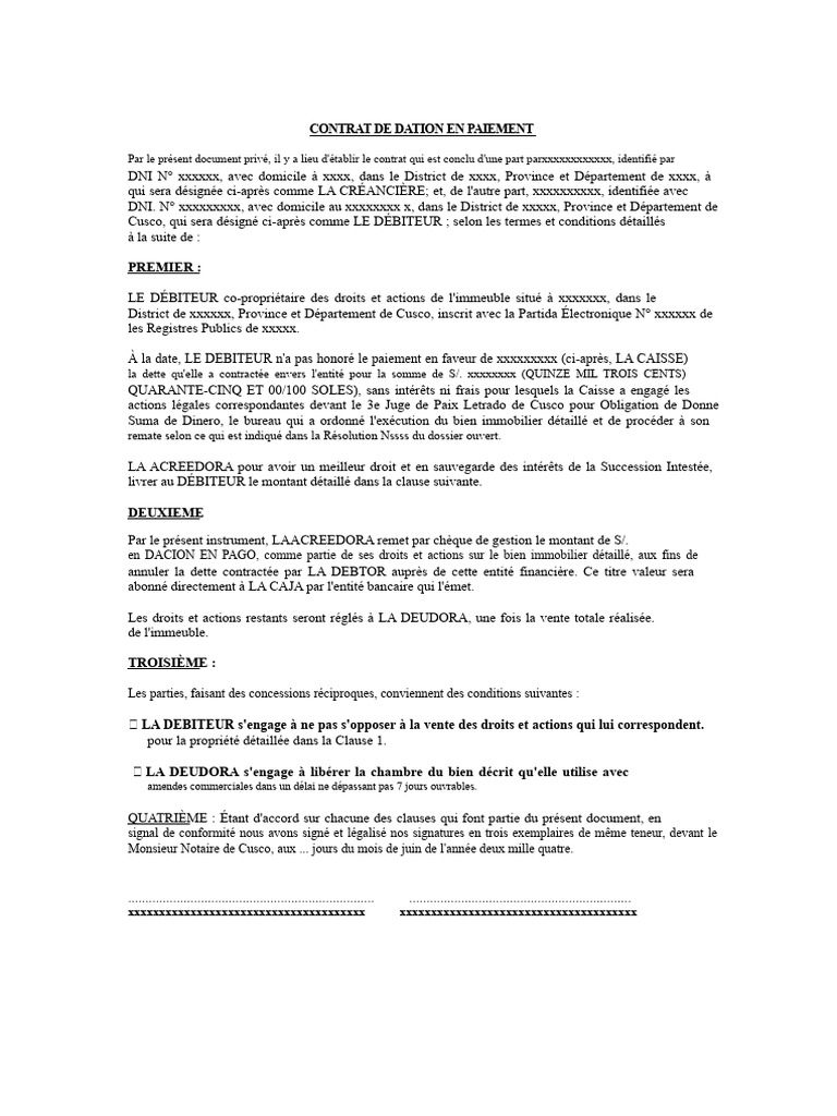 Modèle de contrat de dation en paiement | PDF | Débiteur