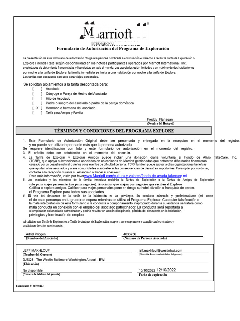 Formulario de Autorización Explore Marriott | PDF | Marriott International