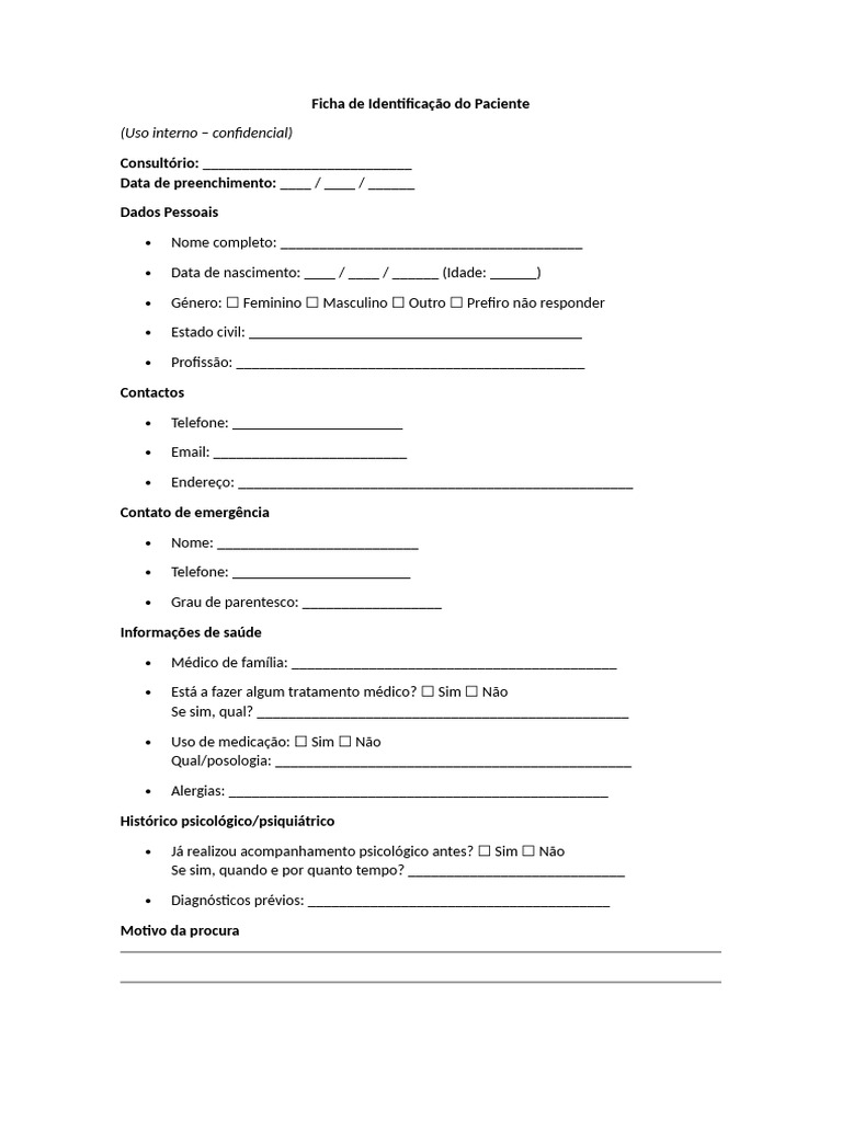 Ficha de Identificação do Paciente | PDF