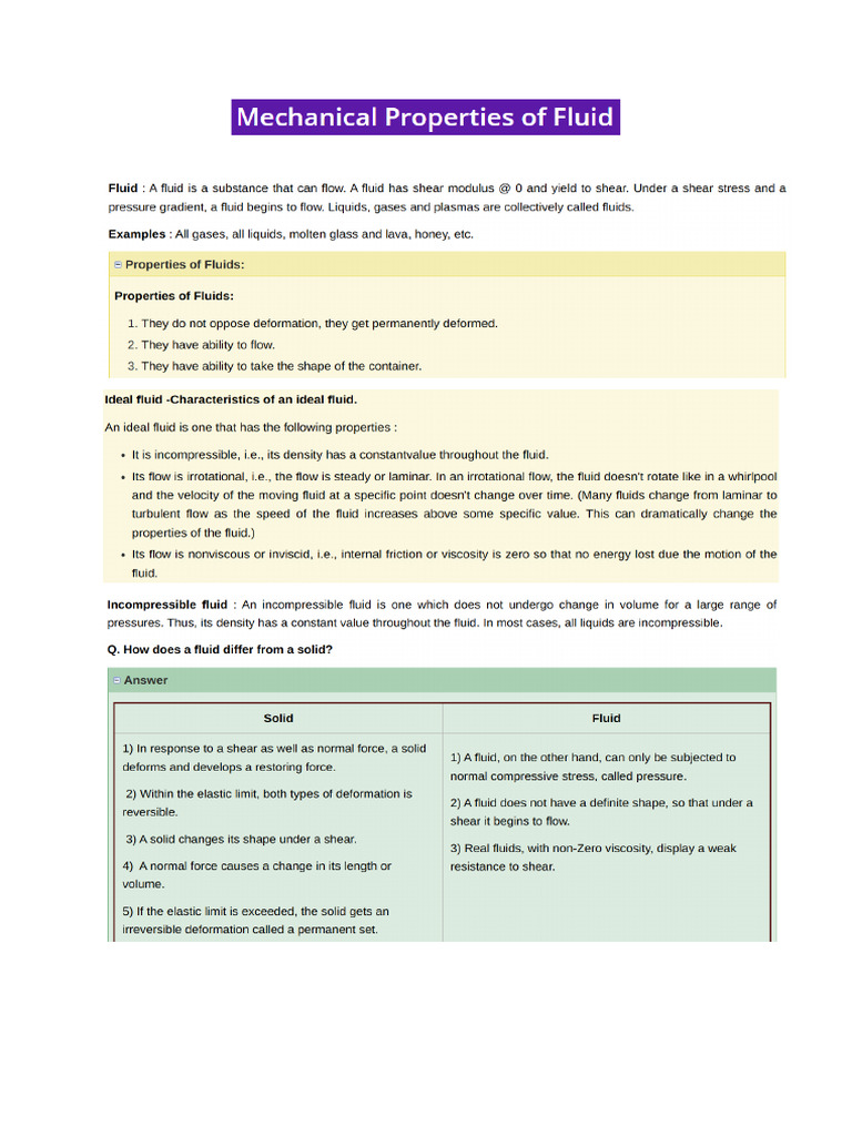Notes - Mechanical Properties of Fluids | PDF