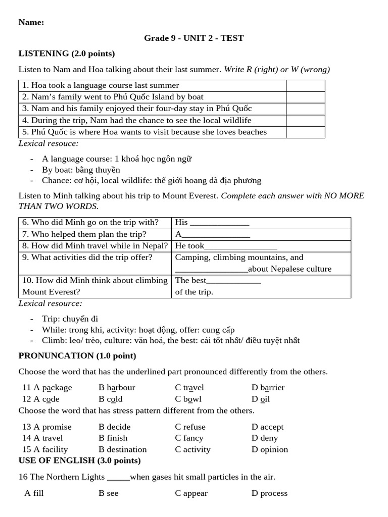 Grade 9 - Unit 2 Test | PDF