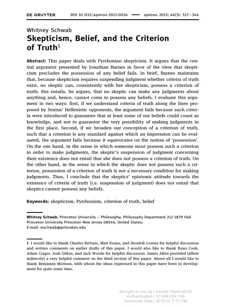 Skepticism and Belief: Truth Criteria Analysis | PDF | Skepticism | Truth