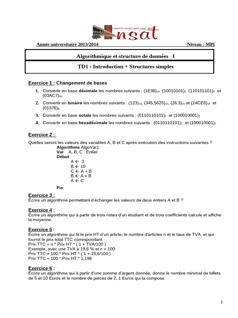 Exercices d'algorithmique et bases numériques | PDF