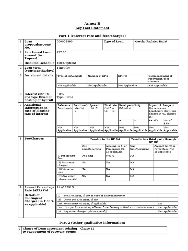 Annex B: Key Fact Statement Part 1 (Interest Rate and Fees/charges ...