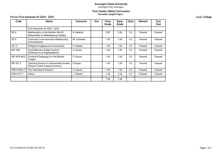 First Semester 2024-2025 Term Grades | PDF