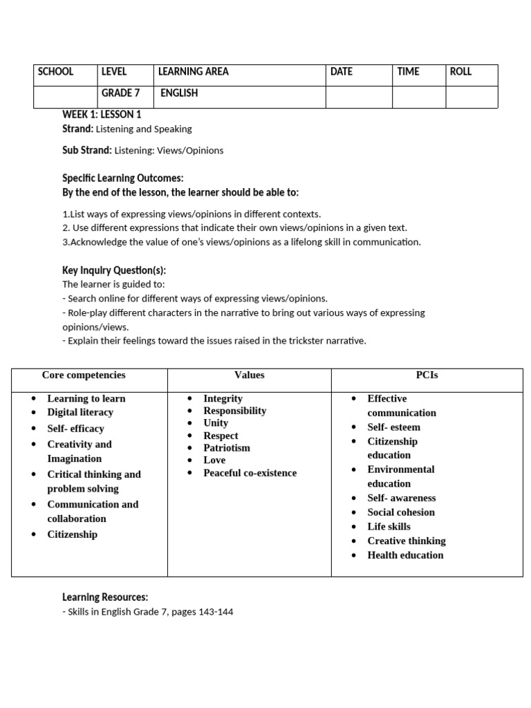 Grade 7 Term 3 English Lesson Plans | PDF | Reading Comprehension ...