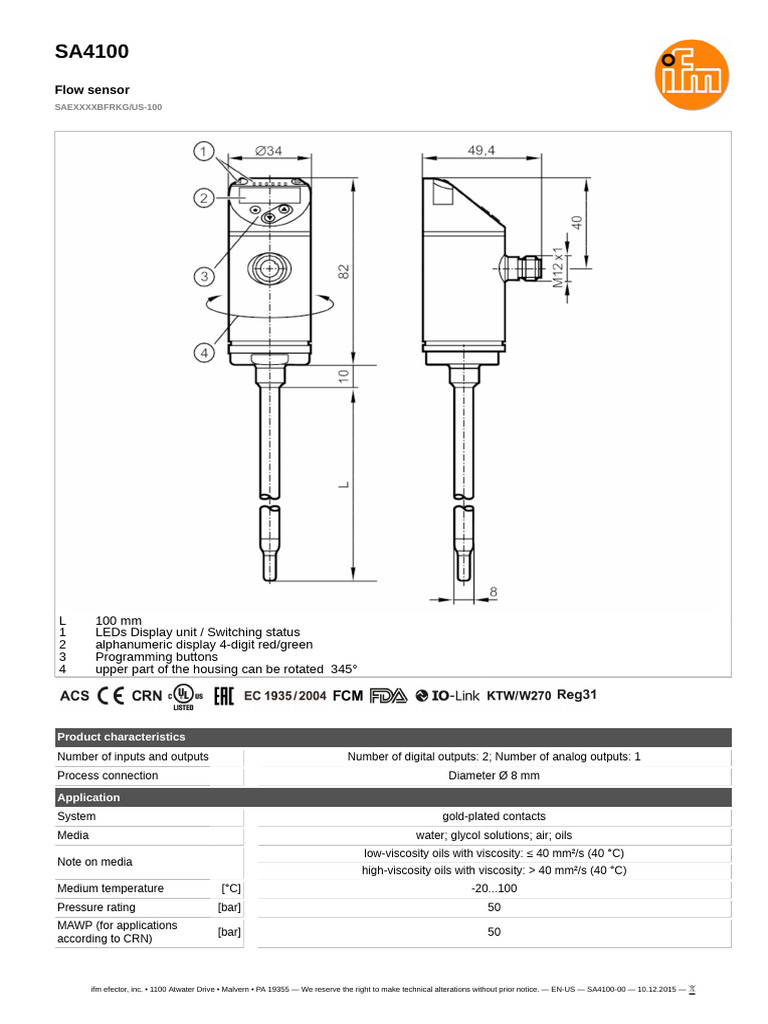 SA4100 Flow Sensor Specifications Guide | PDF | Flow Measurement | Sensor