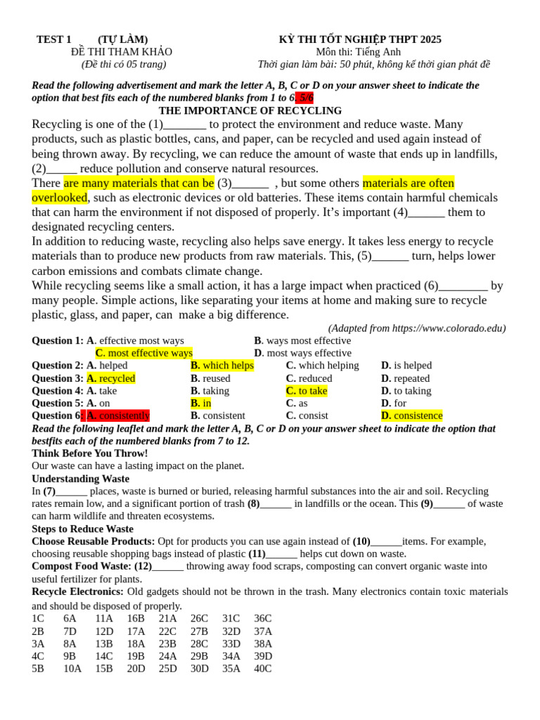 English Exam Sample for 2025 Graduation | PDF | Waste | Recycling