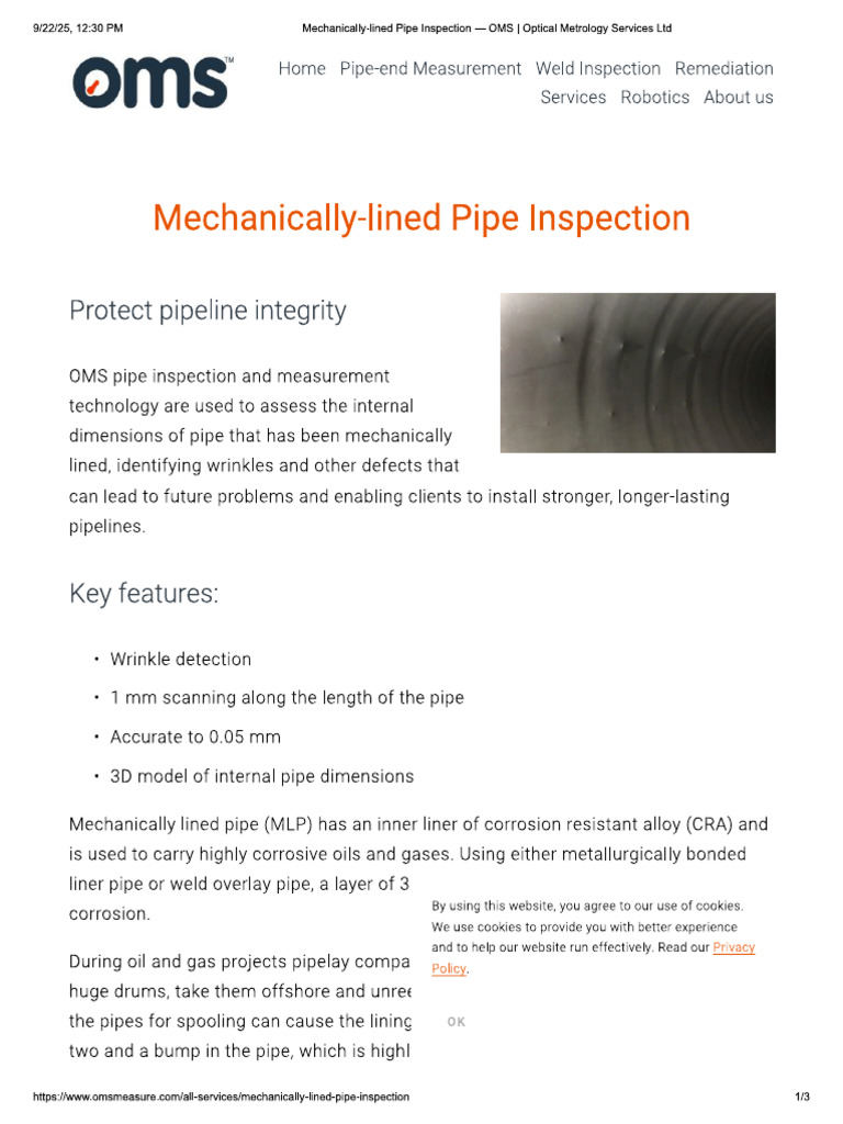 Mechanically-Lined Pipe Inspection - OMS - Optical Metrology Services ...