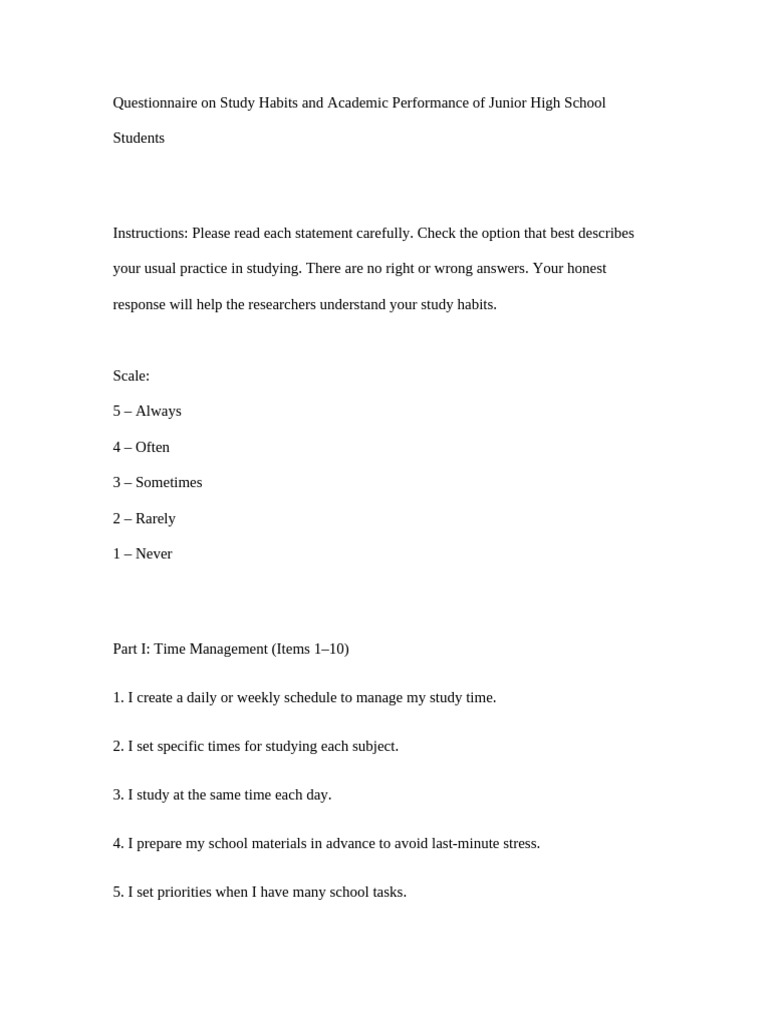 Study Habits Questionnaire for Students | PDF | Questionnaire | Cognition