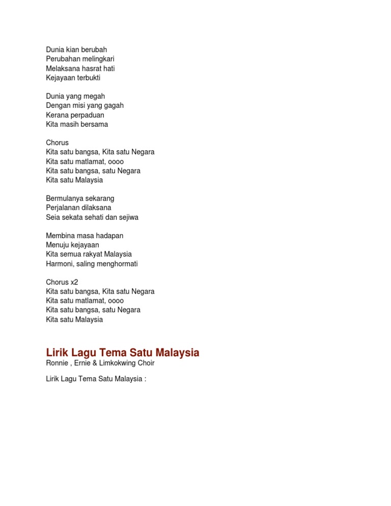 Lagu 1 Malaysia Pdf