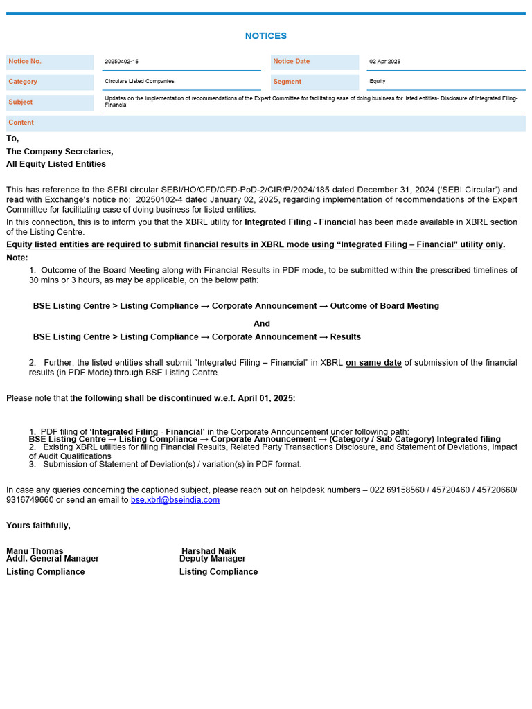 SEBI Updates on Integrated Filing XBRL | PDF
