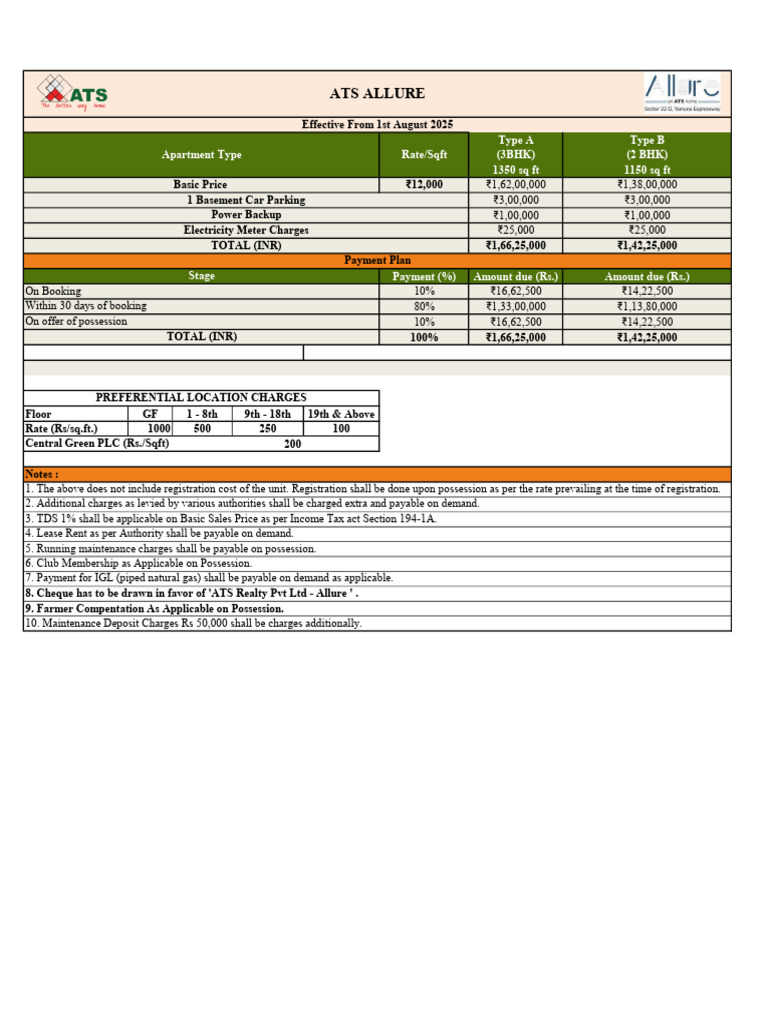 ATS Allure Price List and Payment Plan | PDF | Payments | Taxes
