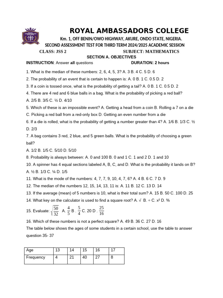 Maths Jss 2 Third Term Test - 095610 | PDF | Probability | Mathematics