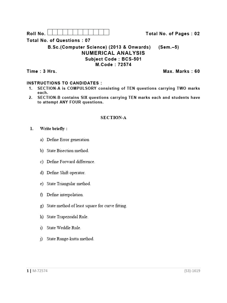 BSC 5 Sem Cs Numerical Analysis 72574 Nov 2019 | PDF | Numerical ...
