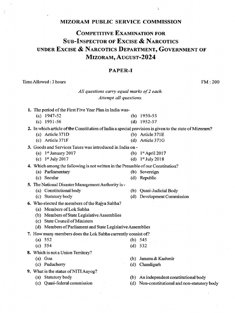 Sub Inspector of Excise Paper I August 2024 | PDF