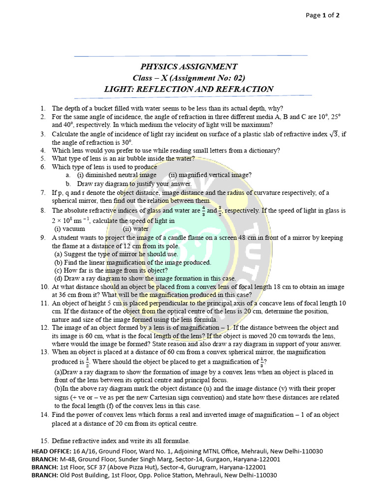 PHYSICS ASSIGNMENT NO.02 (Reflection and Refraction) | PDF | Optics | Light