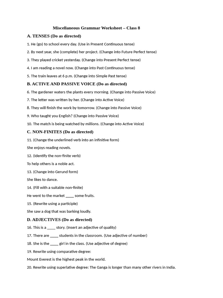 Miscellaneous Worksheet On Grammar Topics | PDF