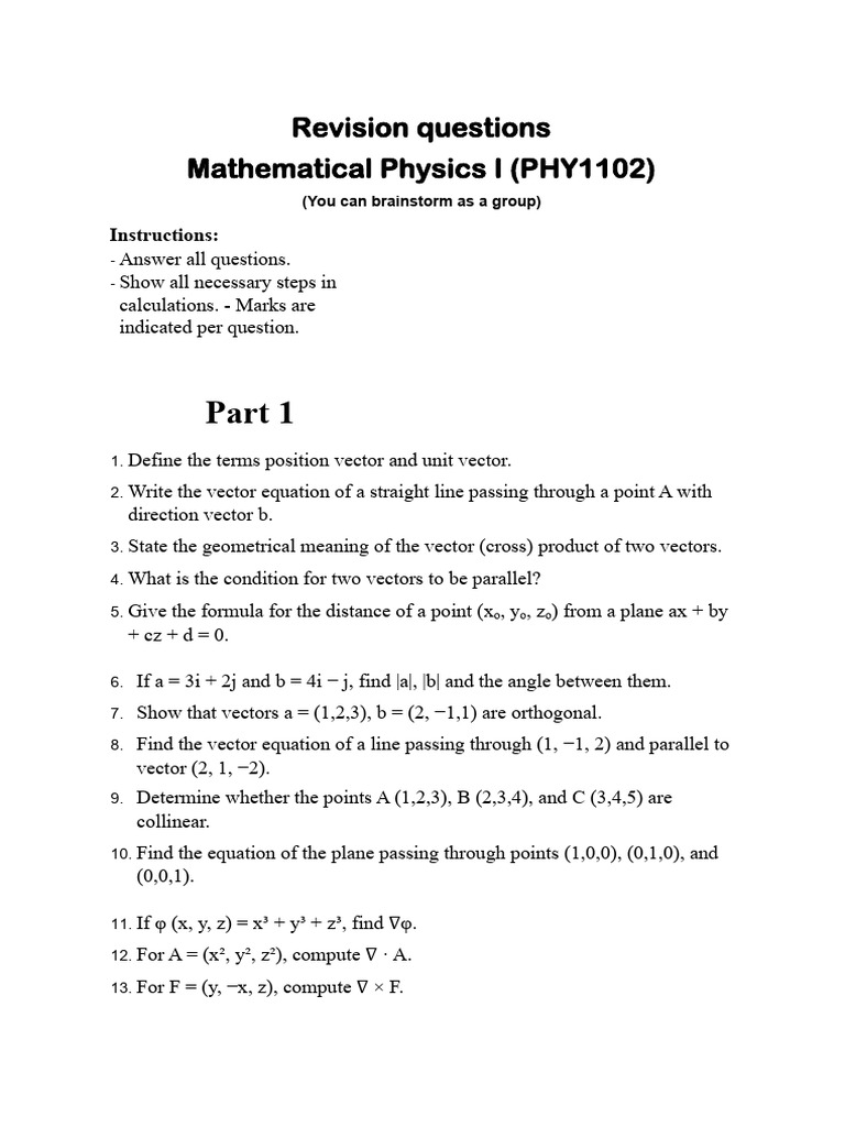 Mathematical Physics I Revision Questions | PDF | Euclidean Vector ...