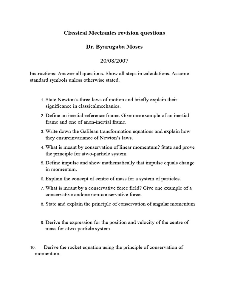 Classical Mechanics Revision Questions | PDF | Momentum | Force