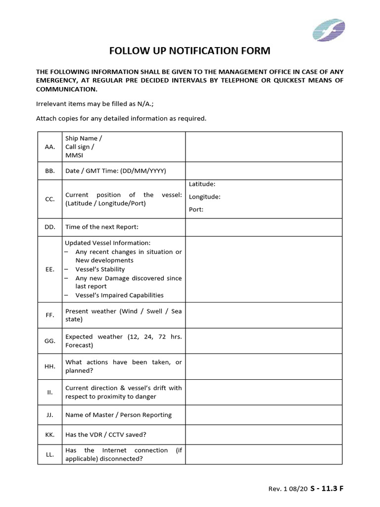 Emergency Follow-Up Notification Form | PDF | Ships | Shipping