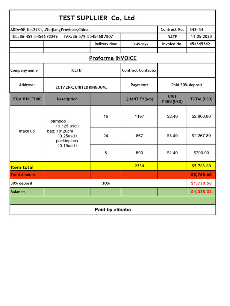 Proforma Invoice for Bamboo Bags Order | PDF