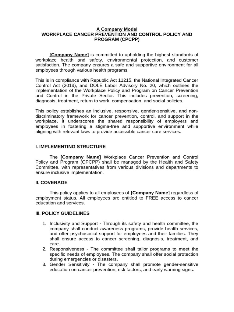 Workplace Cancer Prevention Policy | PDF | Occupational Safety And ...