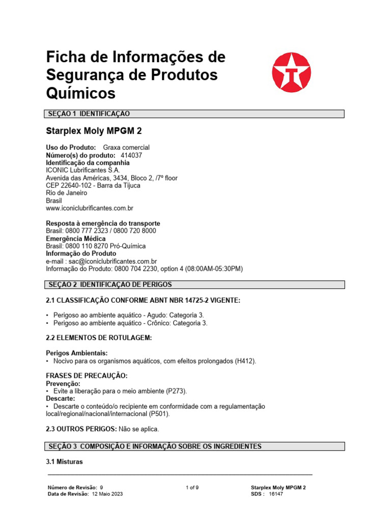 Ficha de Segurança Starplex Moly MPGM 2 | PDF | Química | Substancias ...