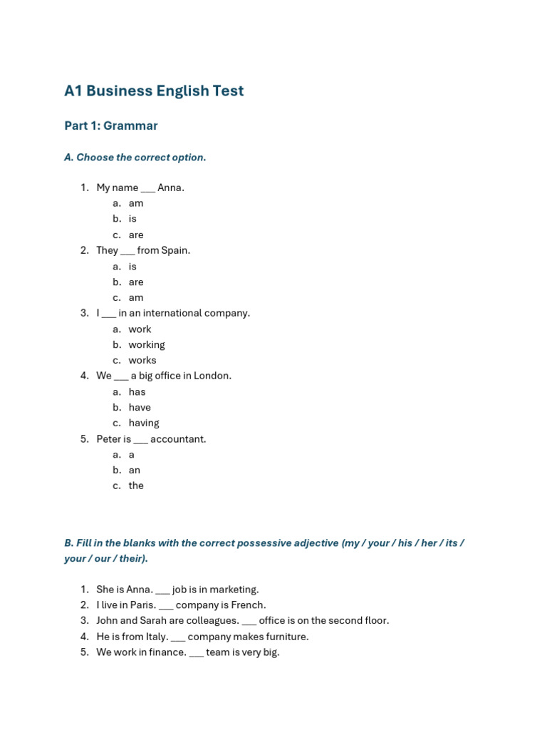 A1 Business English Test Guide | PDF