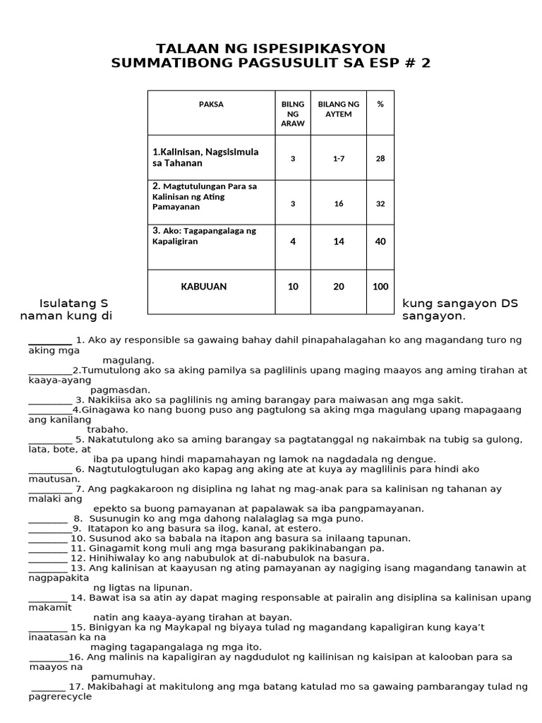 2nd Summative Test in ESP-III (3rd Quarter) | PDF