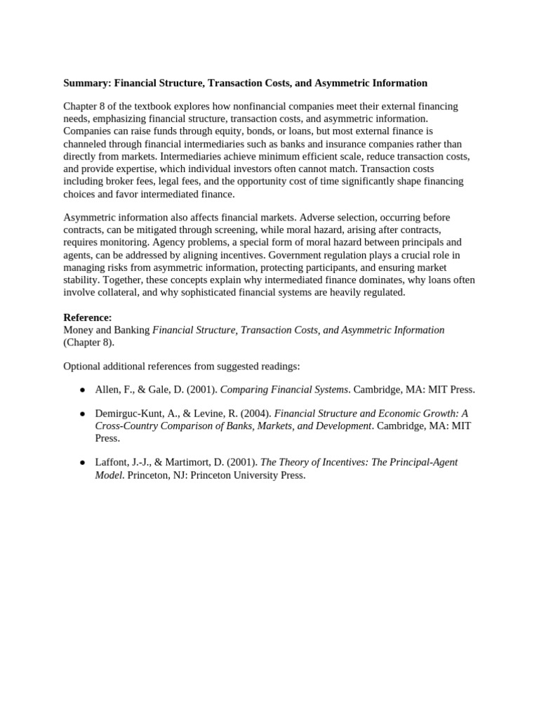 Financial Structure, Transaction Costs, and Asymmetric Information | PDF