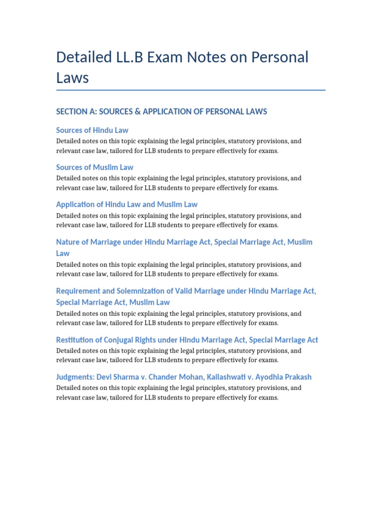 LLB Exam Notes On Personal Laws | PDF | Social Institutions | Justice