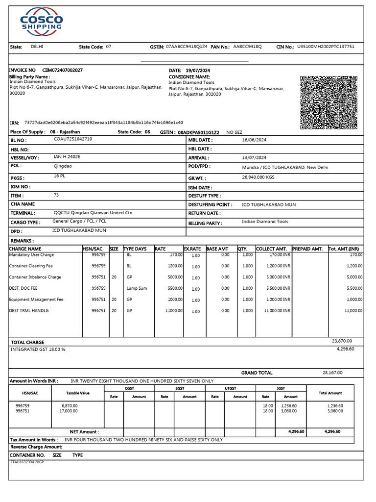 Cosco IN03202407-174854-7251042710-invoice | PDF | Governance | Sales