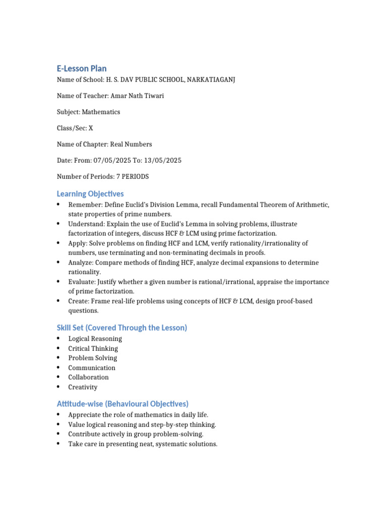Mathematics E-Lesson Plan: Real Numbers | PDF | Numbers | Mathematics