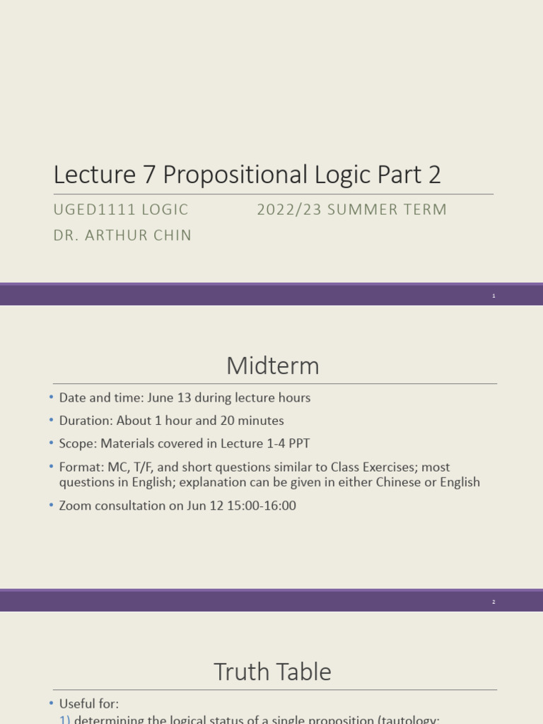 Lecture 7 Propositional Logic Part 2 | PDF | Logic | Contradiction
