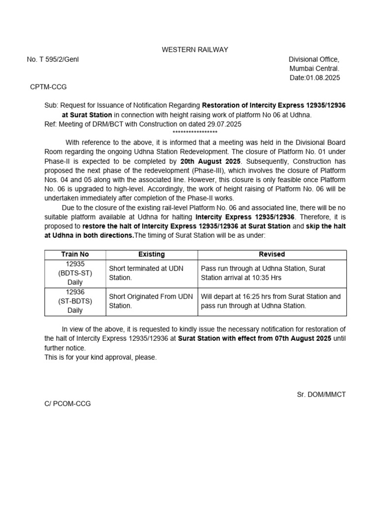 Letter To HQ For Shifting of 12935-36 | PDF | Rail Transport | Land ...