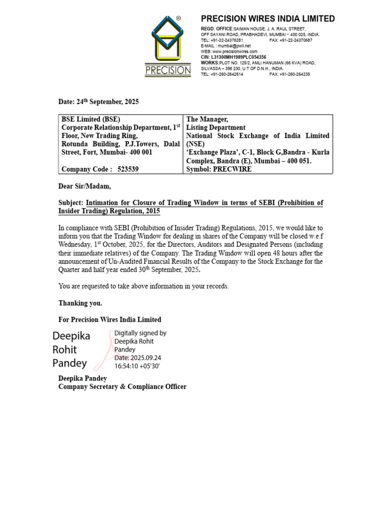 Trading Window Closure Notice - PWIL | PDF