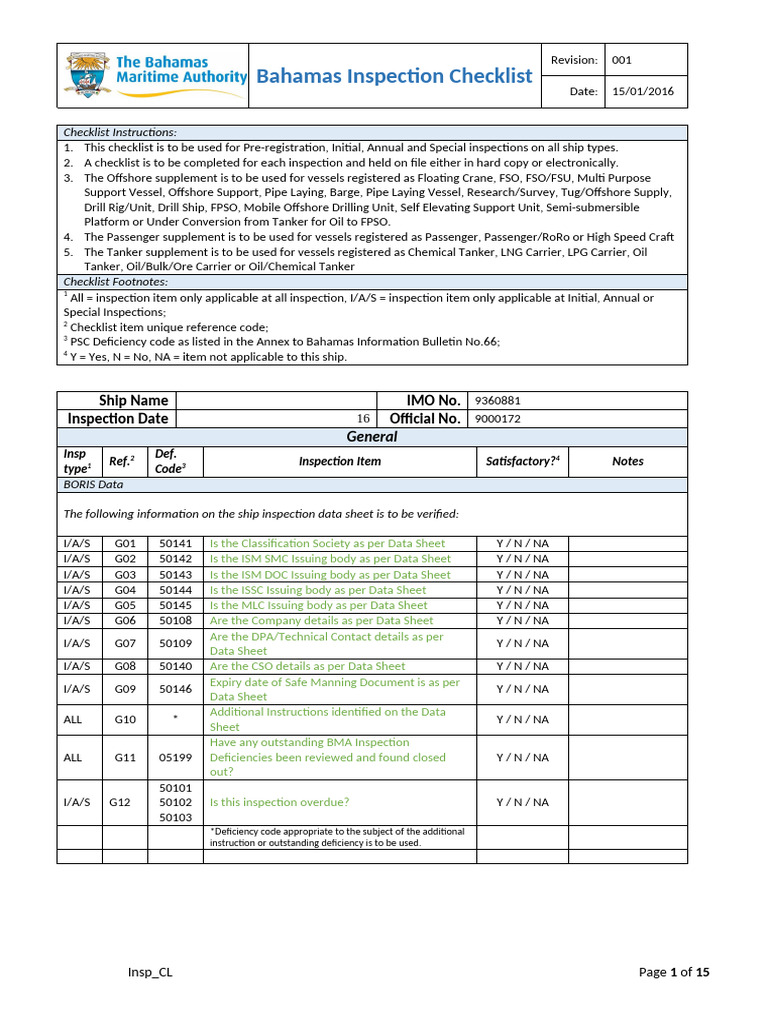 Bahama New Inspection Checklist | PDF | Navigation | Shipping