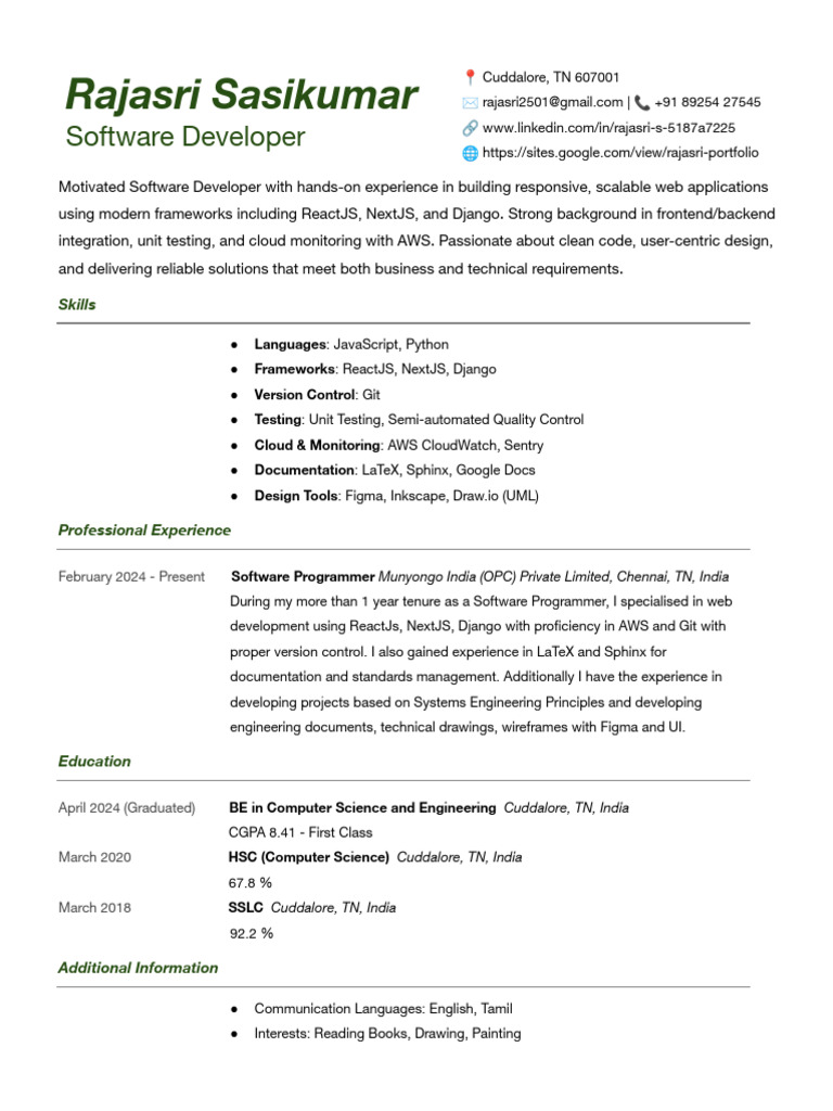 Software Developer Profile: Rajasri Sasikumar | PDF | Software ...