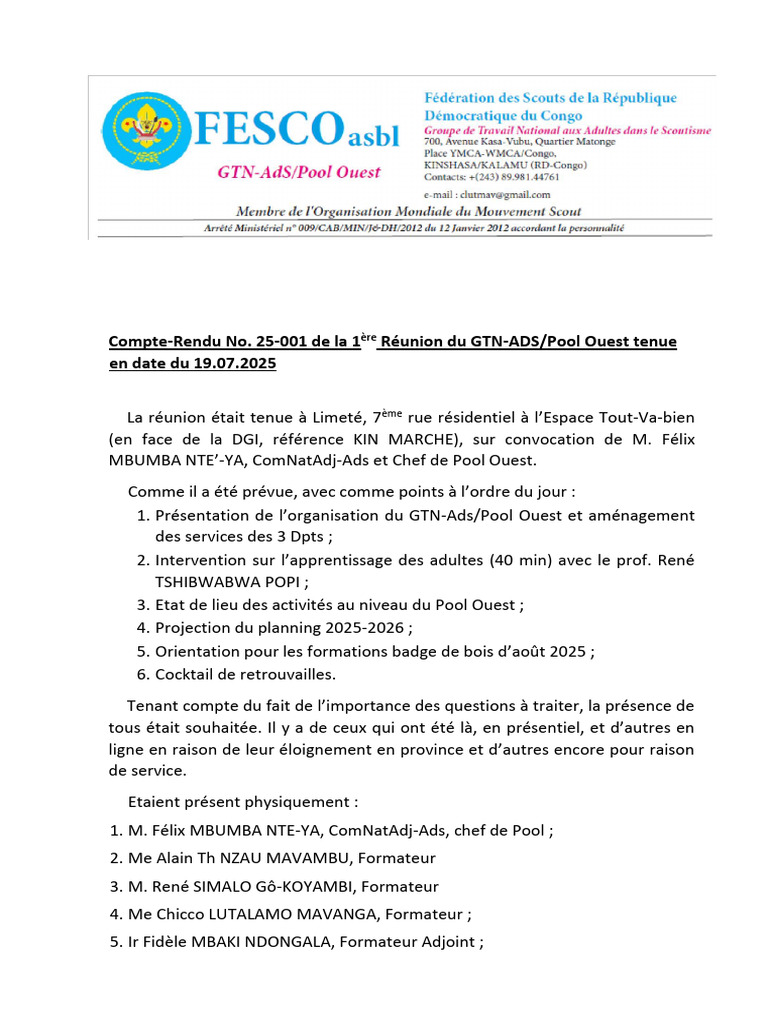 Compte-Rendu Réunion GTN-ADS Pool Ouest | PDF | Scoutisme | Mouvements ...