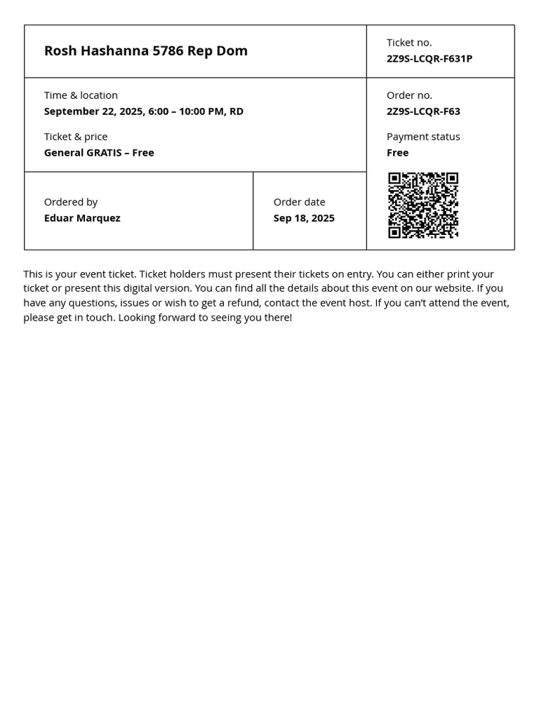Free Rosh Hashanah Ticket 5786 | PDF