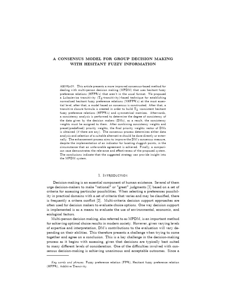 A Consensus Model For Group Decision Making With Hesitant Fuzzy ...