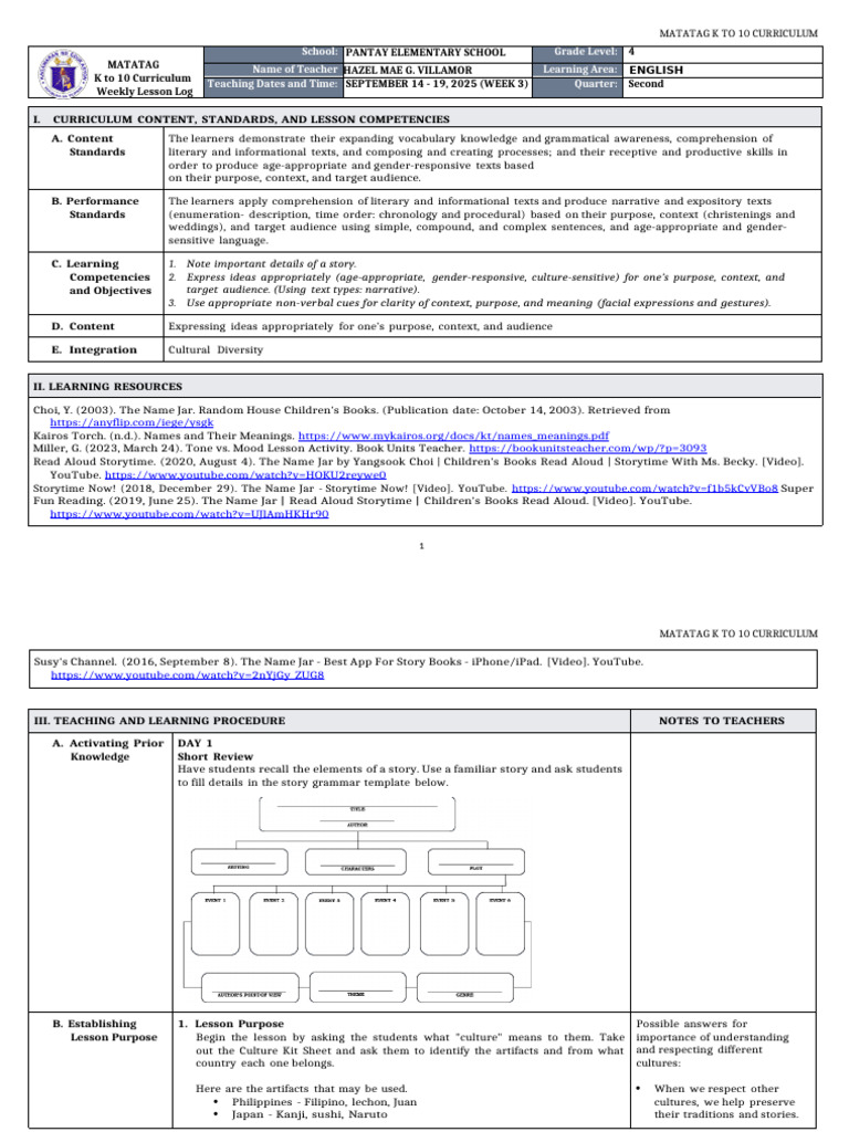Grade 4 English Week 3 Lesson Plan | PDF | Curriculum | Vocabulary