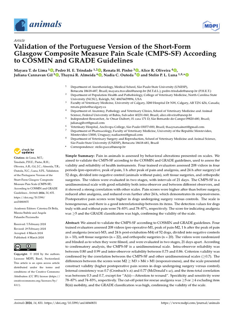Validation of CMPS-SF for Dogs in Portuguese | PDF | Surgery | Validity ...