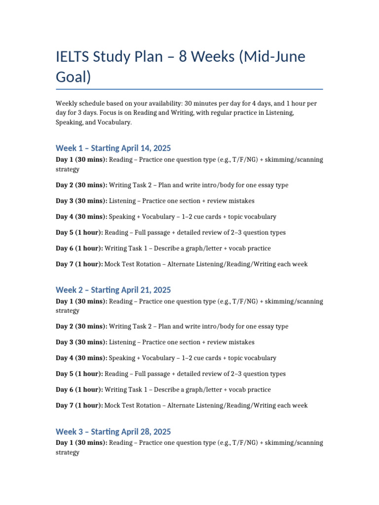 8-Week IELTS Study Plan Guide | PDF | Speed Reading | Written Communication