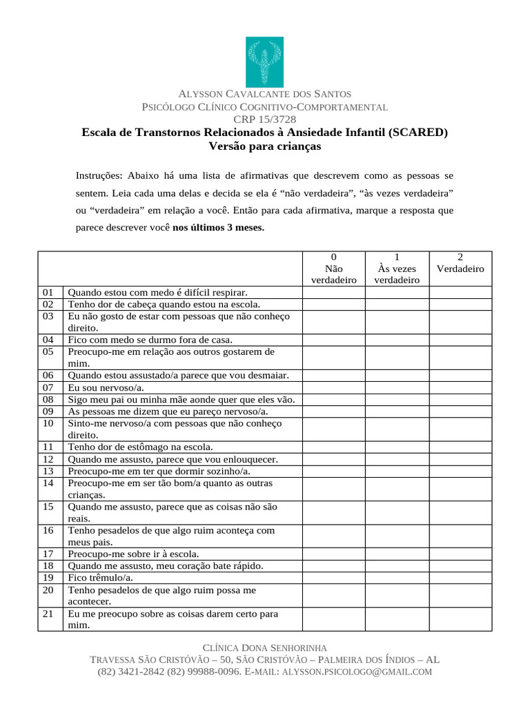 Avaliação da Ansiedade Infantil SCARED | PDF | Ansiedade | Transtorno ...
