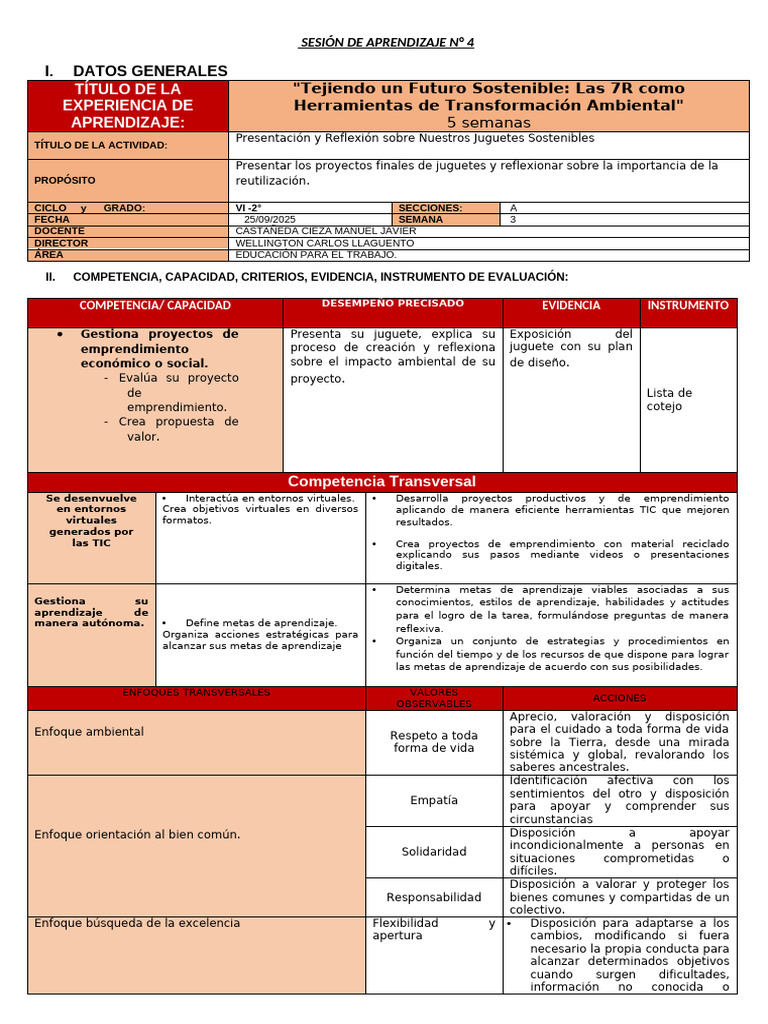 Sesión de Aprendizaje N4 Ept2 ° | PDF | Aprendizaje | Iniciativa ...