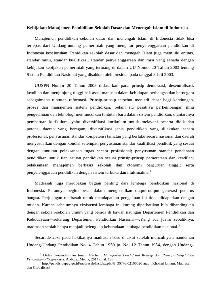 Kebijakan Manajemen Pendidikan Sekolah Dasar Dan Menengah Islam Di ...