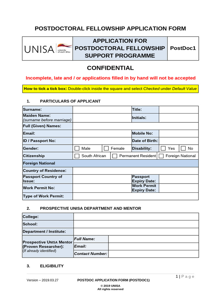 UNISA Postdoctoral Fellowship Form | PDF