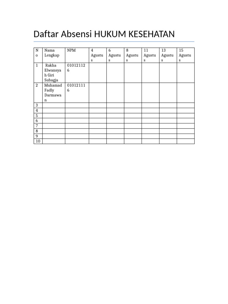 Daftar Absensi Hukum Kesehatan | PDF